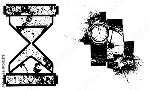 Grunge style hourglass and stopwatch, timekeeping tools, antique timers, aged clock motifs, vector art, distressed texture.