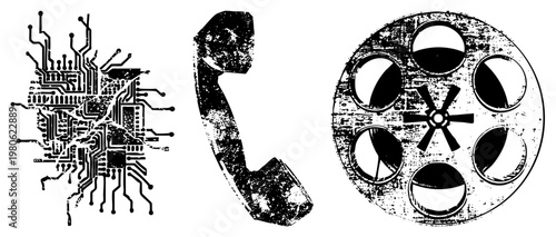 Retro telephone handset, circuit board schematic, film reel spool, analog tech symbols, vintage communication devices, black and white vector art.