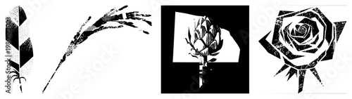 Graphic symbols including feather, hand gesture, artichoke, and rose rendered in halftone, vector art, isolated elements, stylized botanical and gesture motifs.