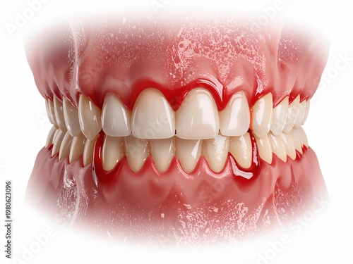 Teeth with red swollen gums and bleeding indicating gum disease and dental issues suitable for dentistry awareness visuals
