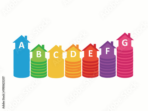 Energy efficiency class house icons on coin stacks A to G