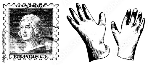 Historical postage stamp with engraved woman’s portrait, paired with detailed art hands, halftone texture, isolated graphic elements.