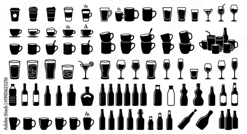 Black beverage icon set, drink glassware and bottle silhouettes, coffee mugs and alcohol glass vector collection for menu design