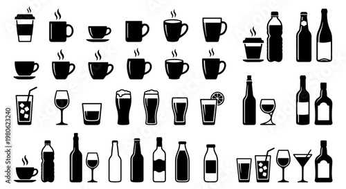 Beverage icon set with coffee cups and glass bottles, black liquid drink symbols, 38 vector elements for restaurant menus and cafe signage