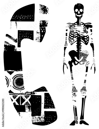 Human skeleton graphic with fragmented geometric shapes, halftone textures, isolated vector art, medical illustration style, anatomical cutout design.