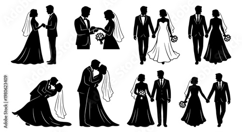 Wedding couple silhouettes collection, black and white bride and groom vector set, romantic marriage ceremony icons for invitations and decor