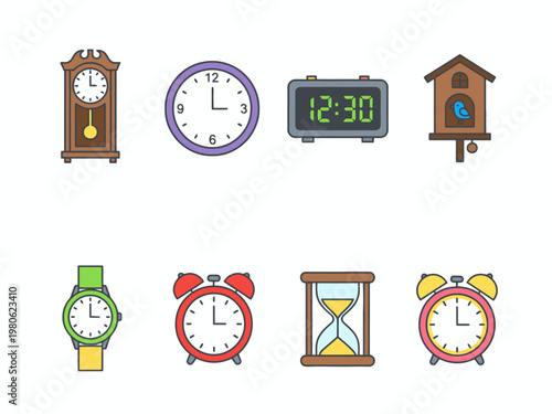 Clock icon set of timekeeping devices and watches on white