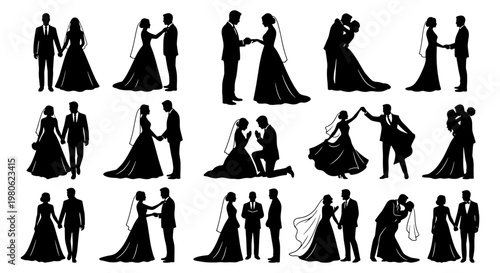 Wedding couple silhouettes collection, bride and groom vector set, romantic marriage ceremony poses, black icons for invitation design