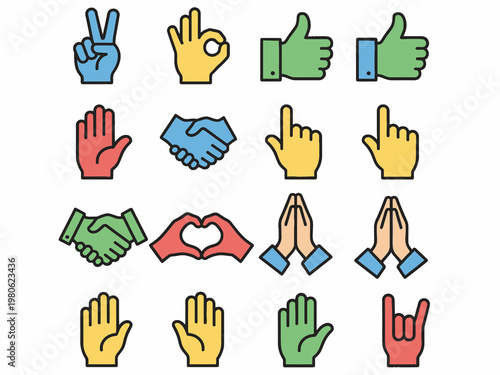 Hand gesture icon set featuring handshake, peace and thumbs up