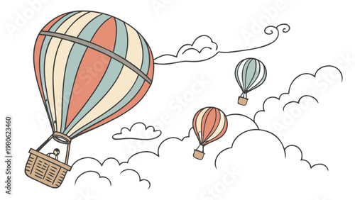 Retro Style Hot Air Balloon Sky Adventure Illustration with Pastel Colors