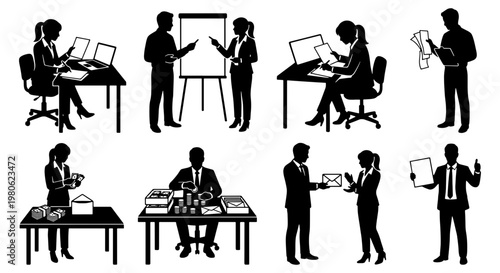 Business people silhouettes set, professional office workers collection, corporate employees in meeting and desk work scenes, black vector icons