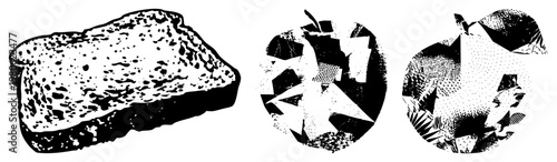Black and white vector illustration of a single slice of toast, detailed crumb texture, seed specks, rustic bread, breakfast staple, culinary.