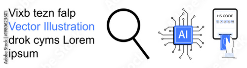 Data search, artificial intelligence, import-export processes, technology usage, machine learning, hs code systems. Magnifying glass, AI chip and hs code paper visuals. Data search and artificial