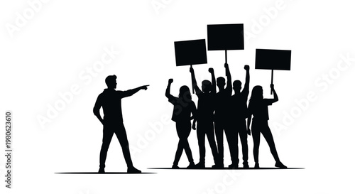 Silhouette of a man pointing at a protesting group with blank signs.
