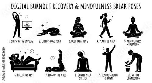 Digital burnout recovery and mindfulness break poses, set of 10 mental health icons, yoga and meditation exercises for stress relief vector