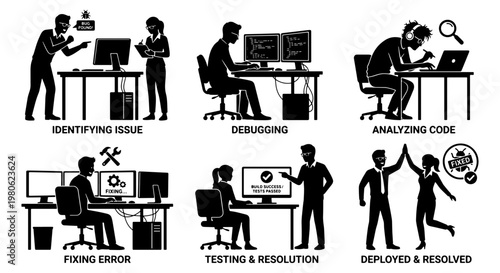 Software developer debugging process icons, programmer fixing code error silhouettes, set of 6 web development workflow vector illustrations