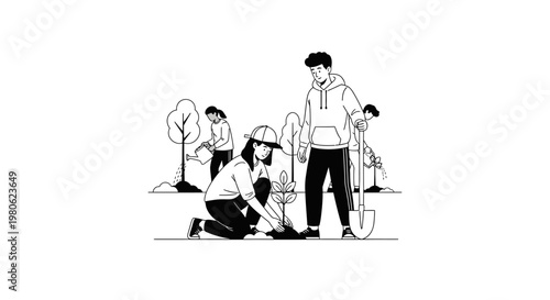 People Planting Trees Together as a Community Volunteer Activity.