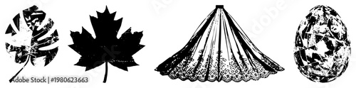 Four vector leaf, maple leaf, lace veil, cracked egg all in distressed grunge style, isolated on transparent background, ideal for graphic design.
