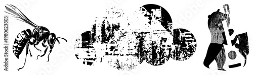 Stylized wasp with halftone wings, abstract urban in circular frames, bear holding tools, all in vector art.