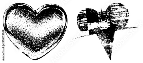 Two stylized heart rendered in halftone dot, one smooth gradient, one distressed texture, graphic design elements, isolated vector graphics.