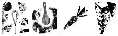 Whisk, ladle, carrot, cheese wedge, and shapes rendered in halftone, isolated vector for culinary or design use, stylized food and tools.