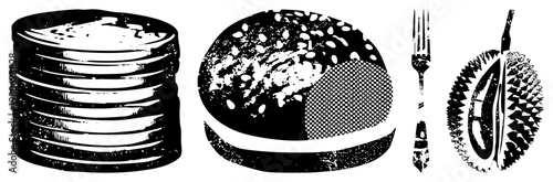 Black and white halftone illustrations of breakfast items stacked pancakes, sesame topped toast, fork, and durian fruit, stylized with texture and contrast.