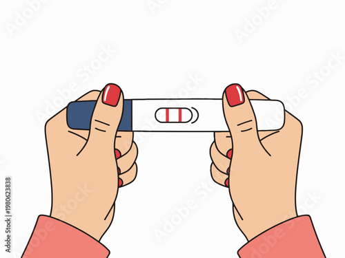 Positive pregnancy test held by woman hands on white background