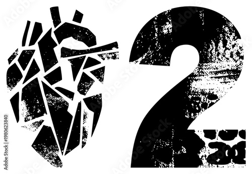 Fragmented heart with distressed texture, bold numeral two, graphic symbols, vector art, stylized, glitch effect, black and white design.