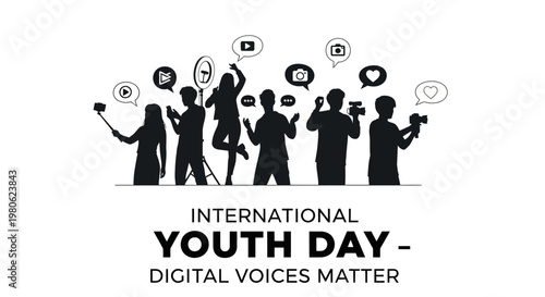 Silhouettes of young people celebrating International Youth Day with digital devices.