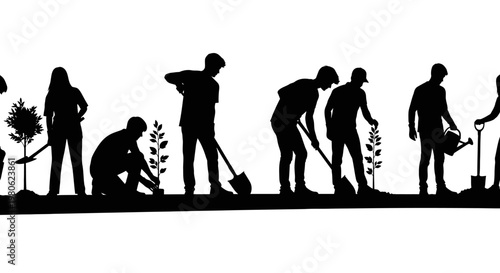 Silhouette of a group of people planting trees in a garden.