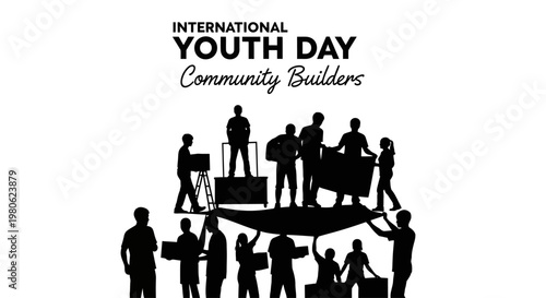 Silhouette illustration of diverse youth group building a community together for International Youth Day.