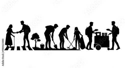 Silhouette of volunteers cleaning up park and helping elderly person.