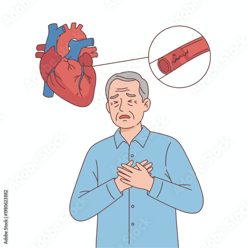 Heart attack symptoms elderly man with blocked artery illustration