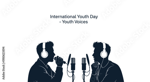 Two young men talking into microphones with headphones as a podcast concept.