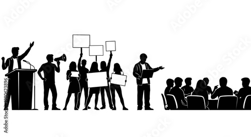 Black silhouette of people protesting and debating in a conference.