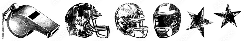 Obraz premium Black and white halftone whistle, American football helmets, five point stars, sports gear, isolated vector symbols, athletic equipment, game day.