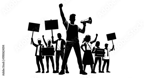 Silhouette illustration of a group of diverse protesters holding signs and using a megaphone.