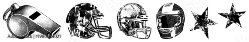 Black and white halftone whistle, American football helmets, five point stars, sports gear, isolated vector symbols, athletic equipment, game day.