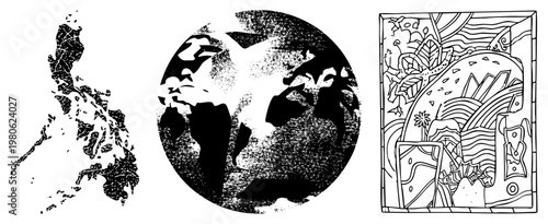 Black and white halftone globe with fragmented continents, island archipelago silhouette, abstract world map, vector art, geographic illustration.