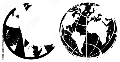 Two stylized globe graphics with worn, scratched surfaces, one partial view, one full view, isolated vector symbols for global themes or international design.