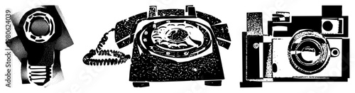 Retro light bulb, rotary dial telephone, film camera rendered in halftone style, classic tech objects, vector illustration, black and white graphic, nostalgic design.