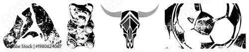 Distressed black and white vector including a gummy bear, bull skull, soccer ball, and abstract forms. Retro styled, textured, isolated elements for design use.