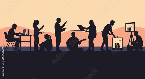Silhouettes of diverse people engaged in various creative and productive activities.