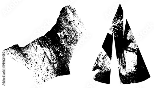 Stylized dog and shapes in halftone dot, vector graphic, black and white, isolated foreground, gritty texture, bold, graphic design element.