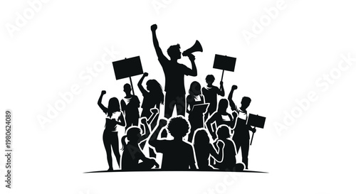 Silhouette of a diverse group of people protesting with signs and megaphone.