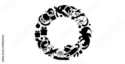 Christmas pets set cute cats and dogs in festive costumes with gifts vector illustration