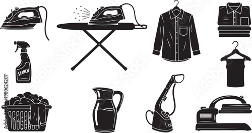 Laundry and ironing tools and equipment illustration set collection