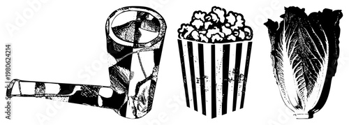 Classic smoking pipe with checkered, striped popcorn bucket overflowing, crisp romaine lettuce leaf all isolated vector in black and white halftone style.
