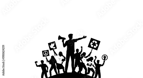 Silhouette of a diverse group of people protesting for social and environmental causes.