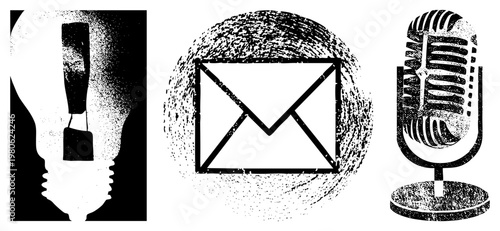 Classic communication symbols rendered in halftone texture lightbulb for ideas, envelope for mail, microphone for isolated vector with gritty aesthetic.